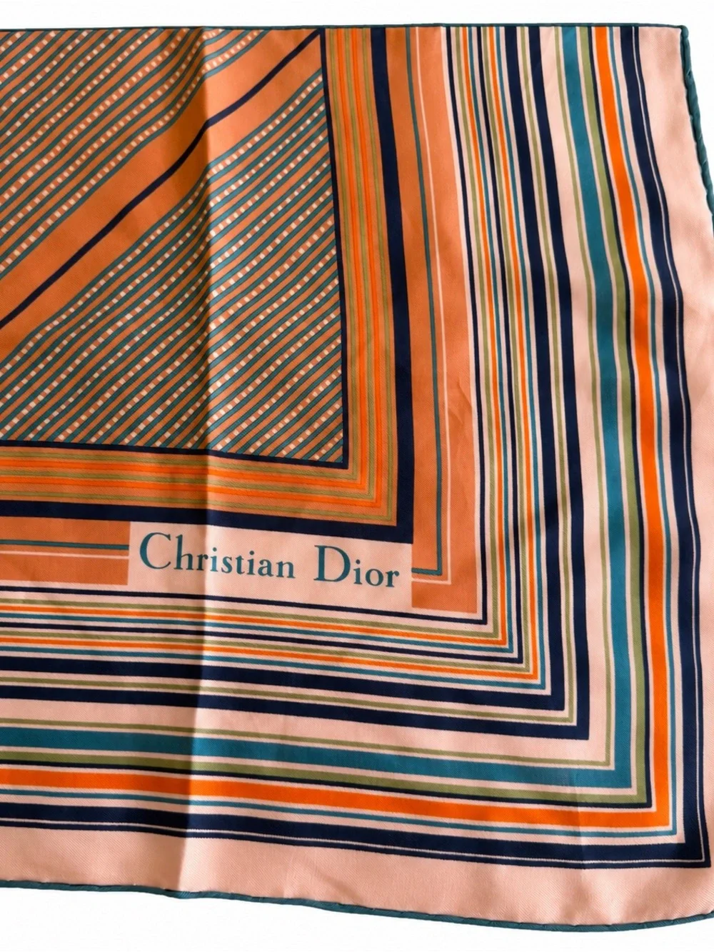 CHRISTIAN DIOR Square silk scarf orange, blue and white stripes graphic print